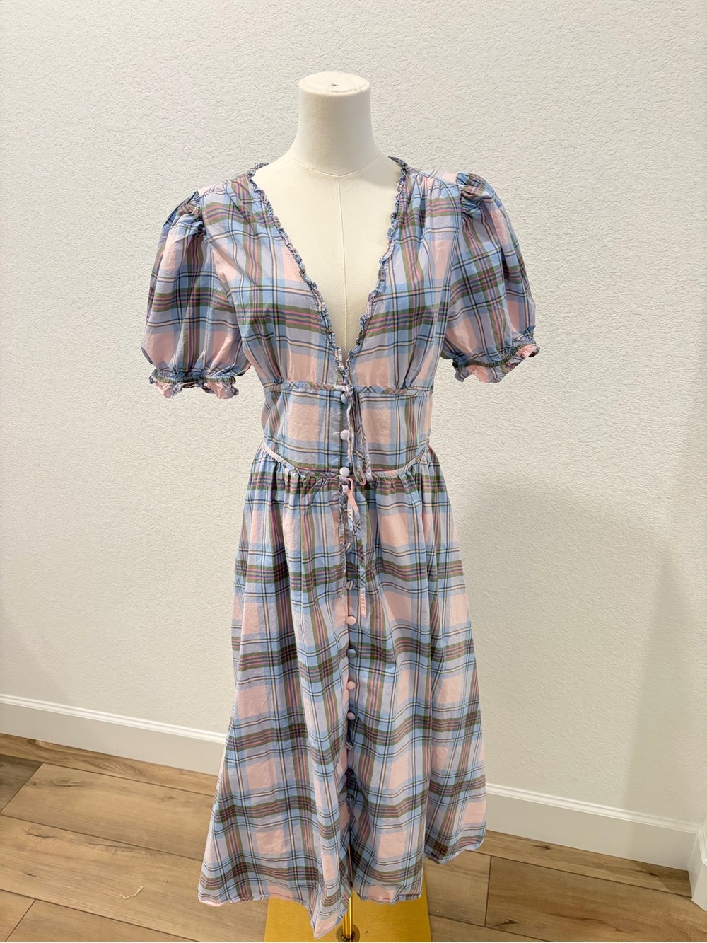 Hill House Sabrina Cotton Puff-Sleeve Button-Front Plaid Midi Dress size medium